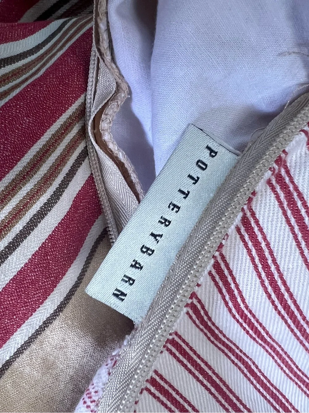 Pottery barn pillow cover red ticking tan zip closure
